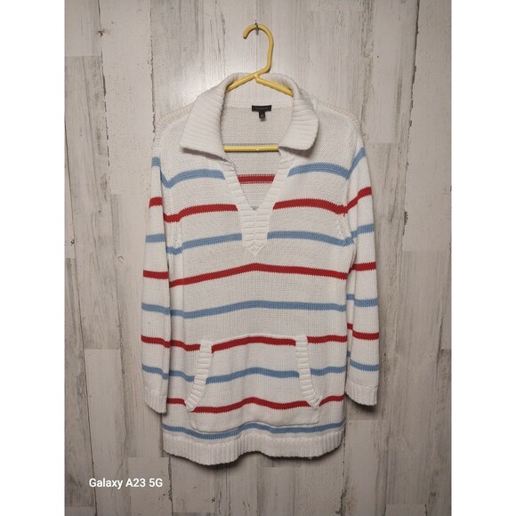 Talbots Sweaters - Talbots Womens White Blue Beach Striped Johnny Collar Knit Pullover Sweater L